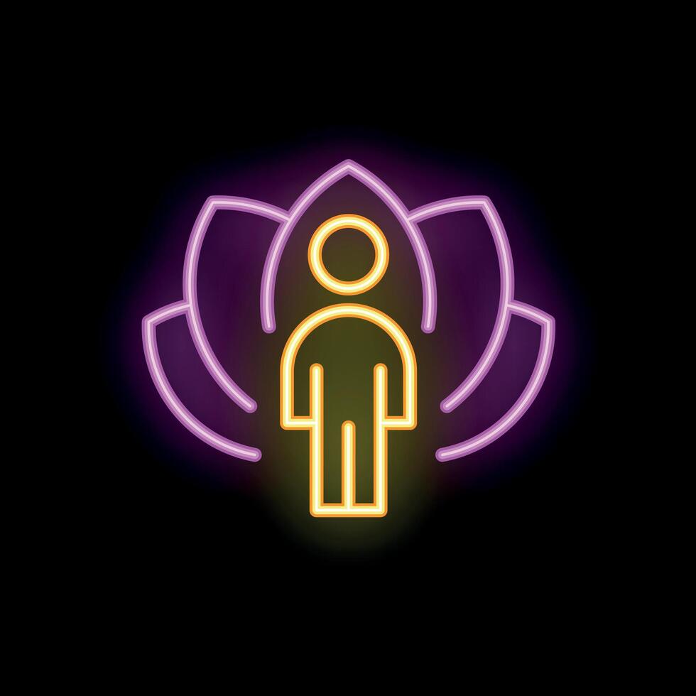 Human figure surrounded by lotus flower neon sign on black background vector