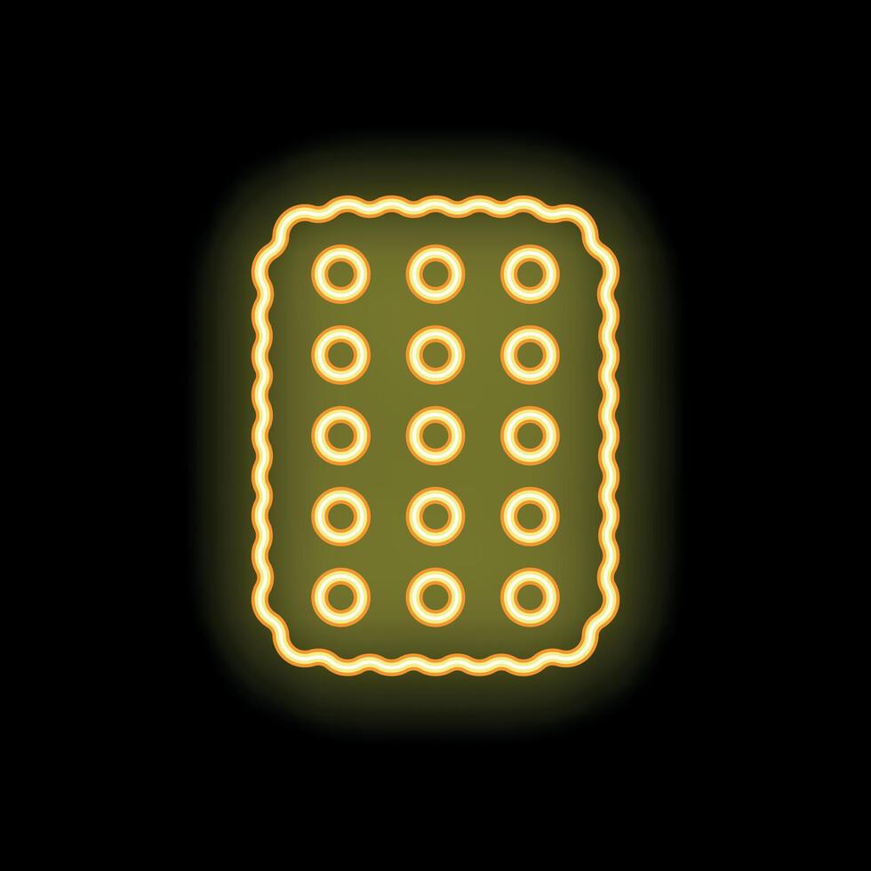 Yellow neon sign of cracker with holes on black background vector