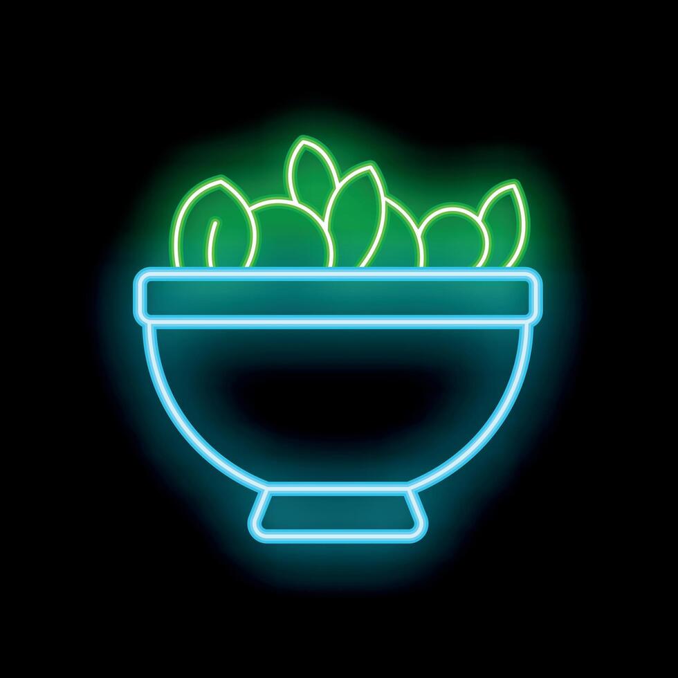 Neon sign of fresh salad in bowl on black background vector