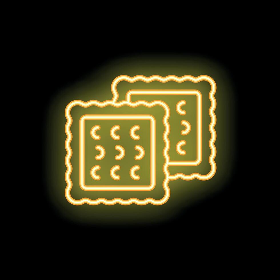 Neon sign of two square cookies glowing on black background vector
