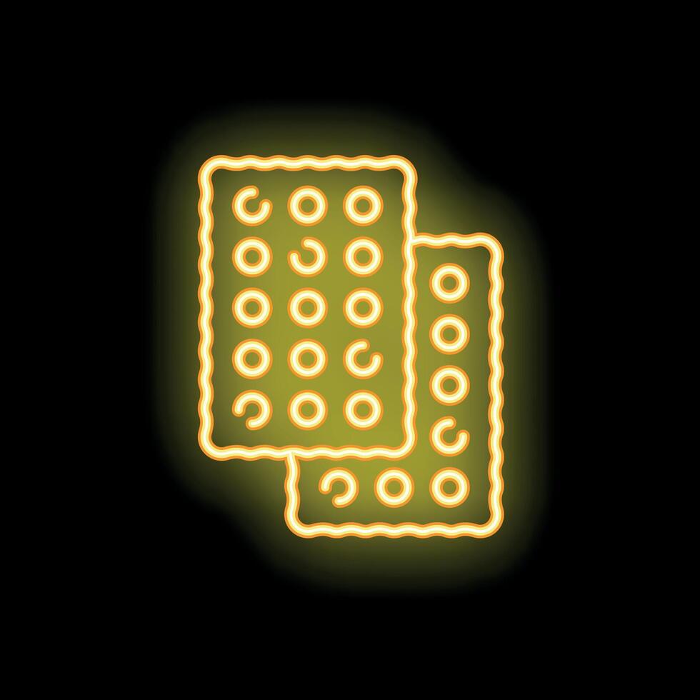 Neon sign of square crackers with holes glowing on black background vector