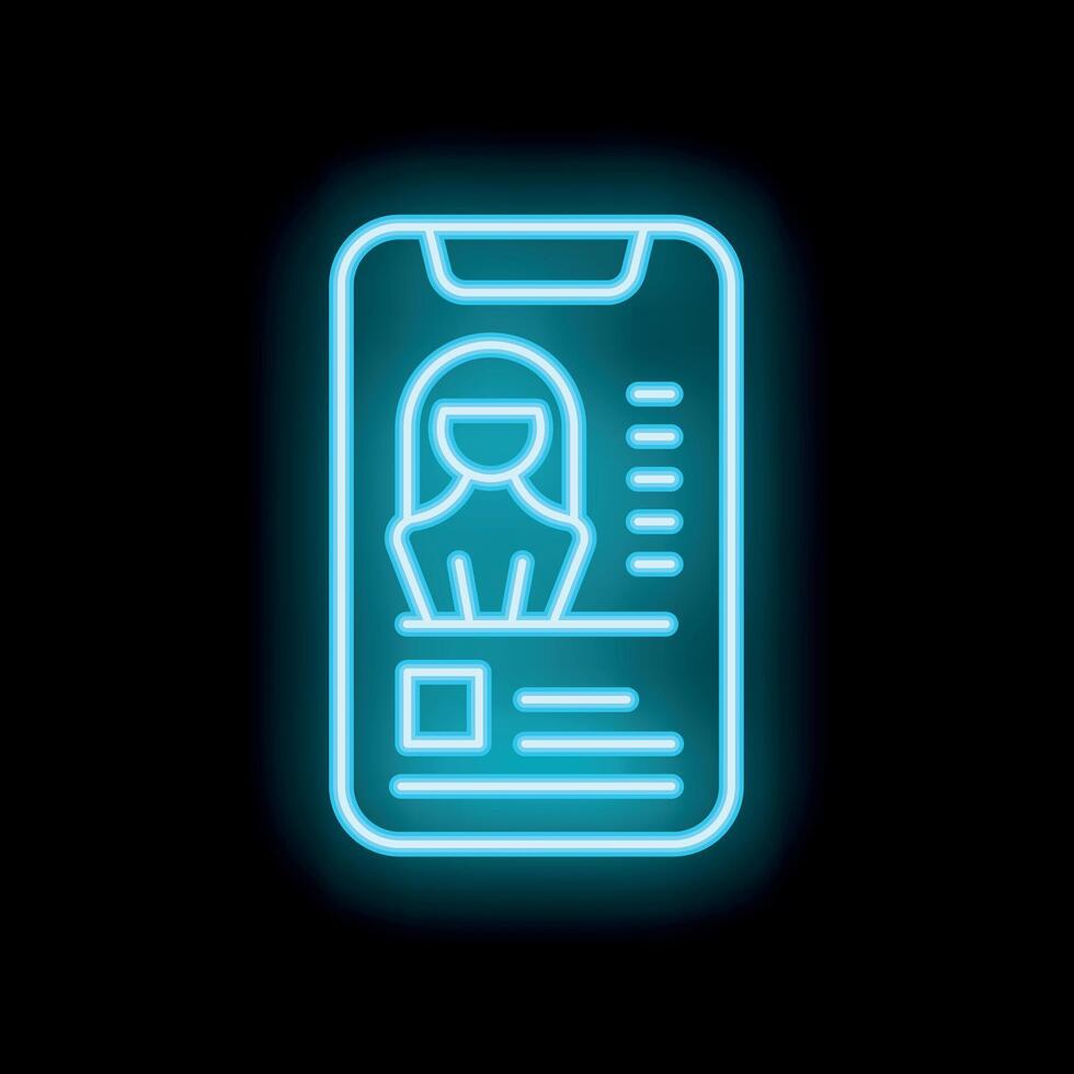 Neon icon of smartphone displaying female profile on black background vector
