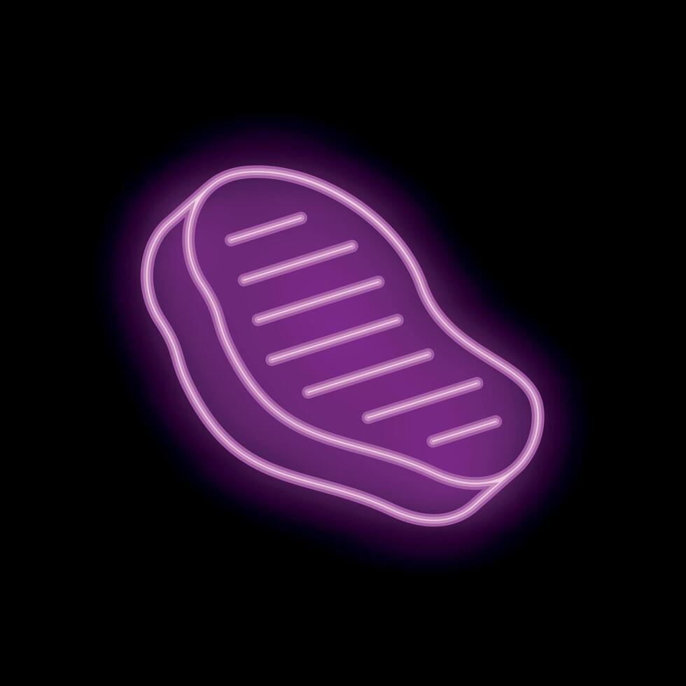 Glowing neon sign depicting grilled steak on black background vector