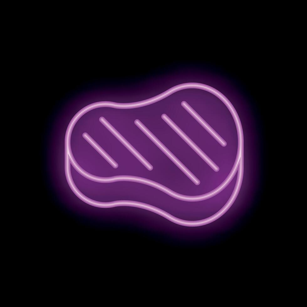 Neon sign showing glowing purple steak icon on black background vector