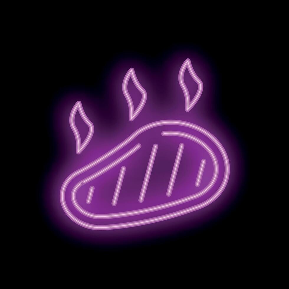 Glowing neon icon of grilled steak on black background vector
