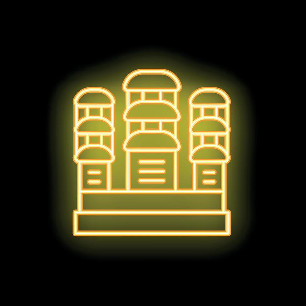 Neon building facade shining at night with yellow light vector