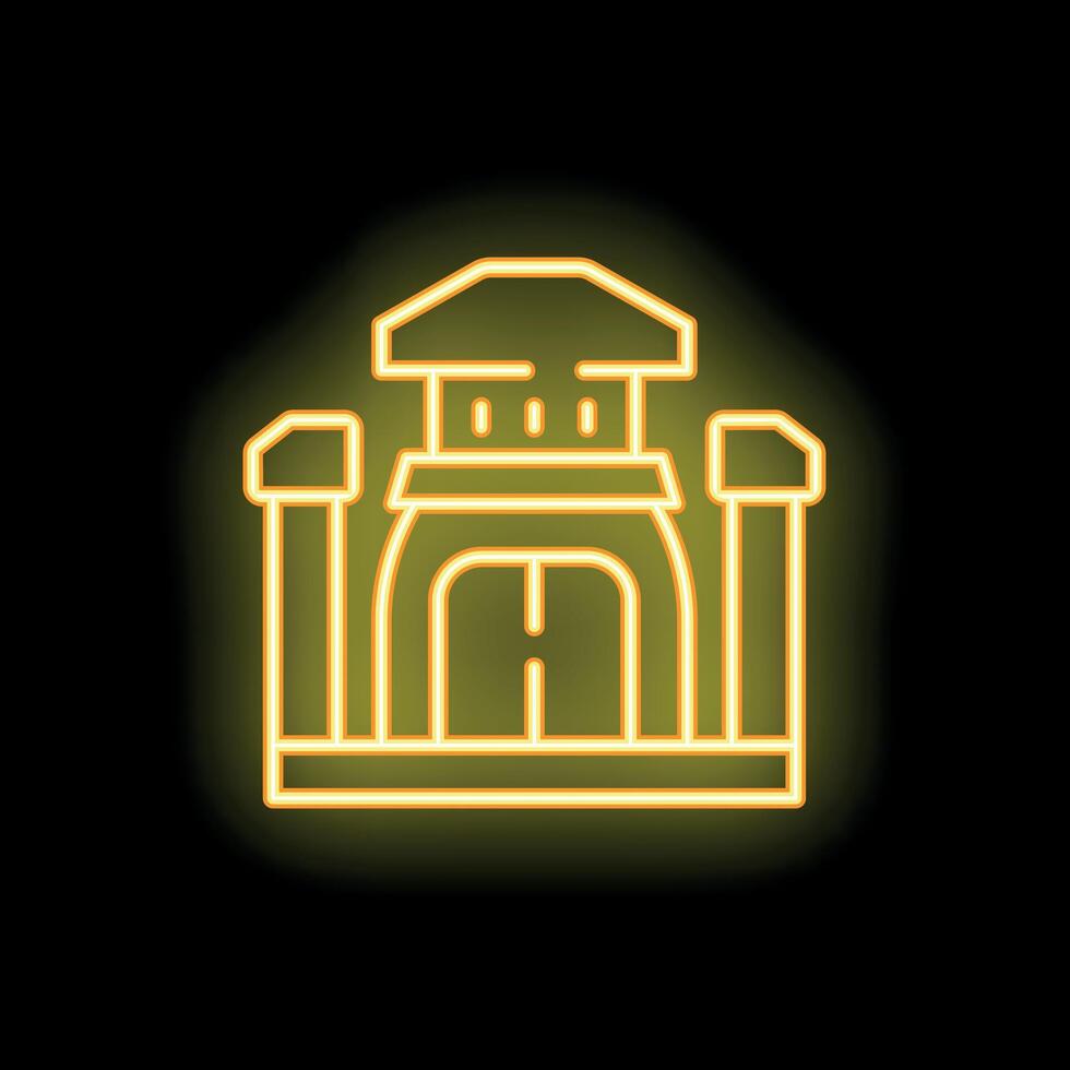 Neon sign of a building with columns and gate glowing yellow on black background vector