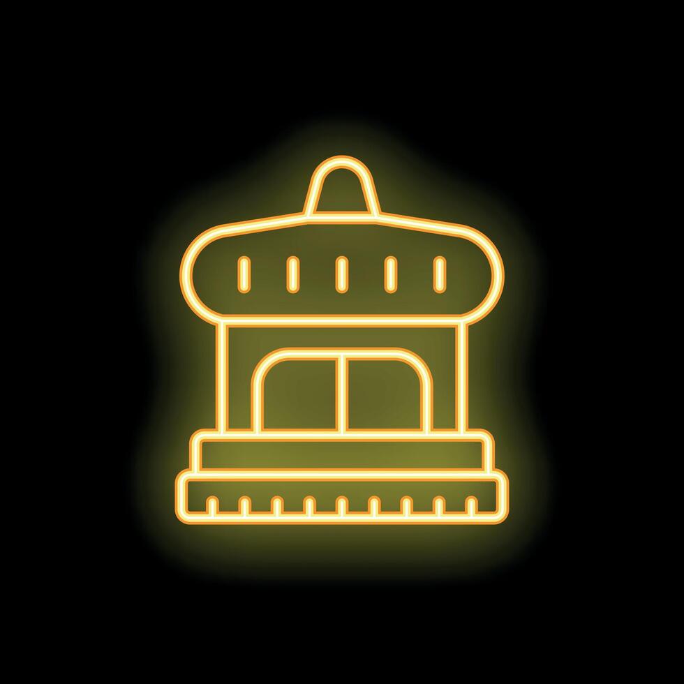 Neon yellow shopfront icon with rounded roof and steps leading to entrance on black background vector