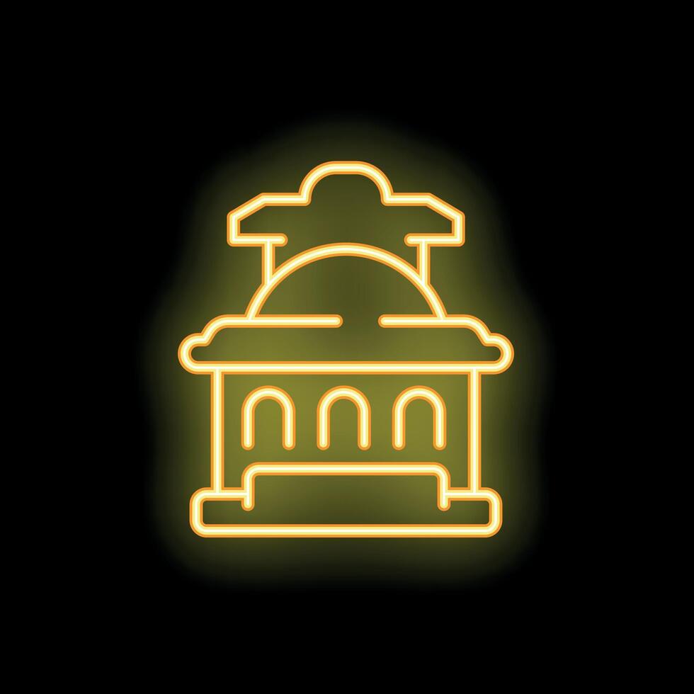 Yellow neon building facade with columns and dome roof on black background vector