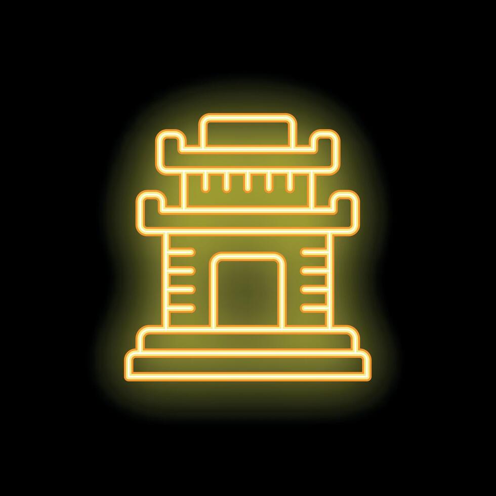 Yellow neon sign of traditional building with gate on black background vector