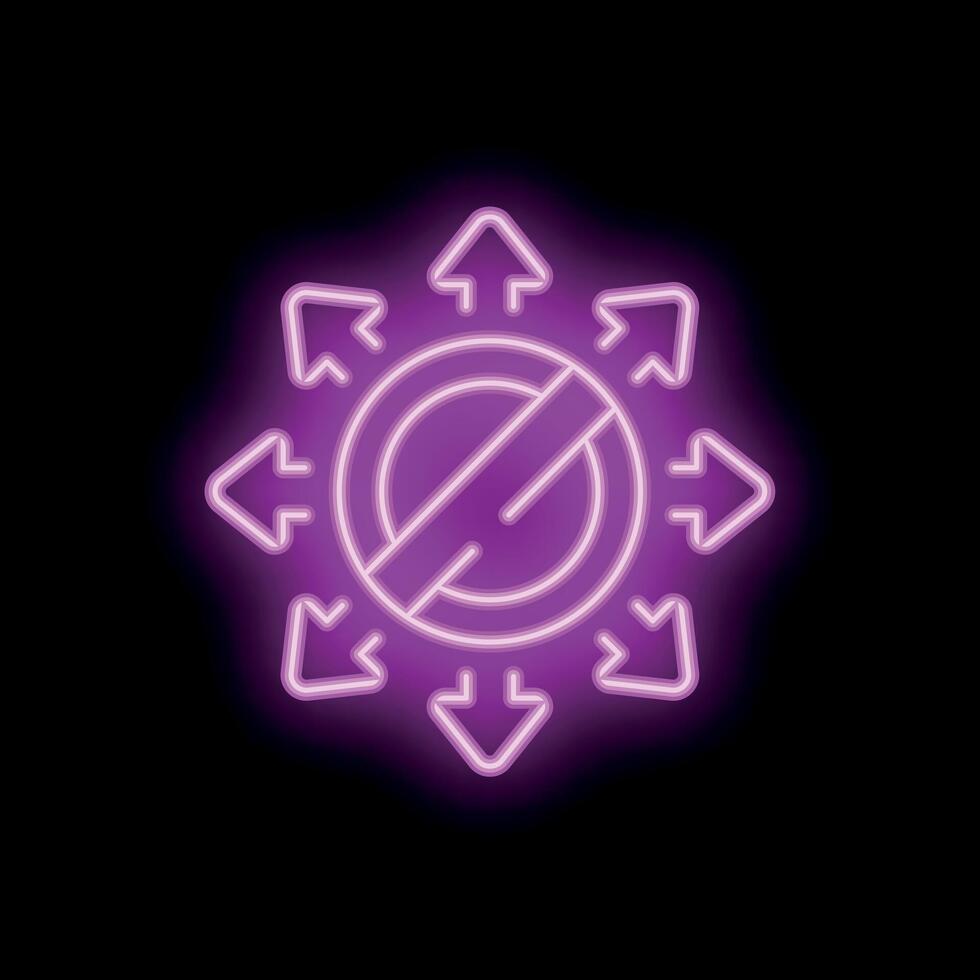 Neon sign showing restriction symbol surrounded by arrows pointing in different directions vector