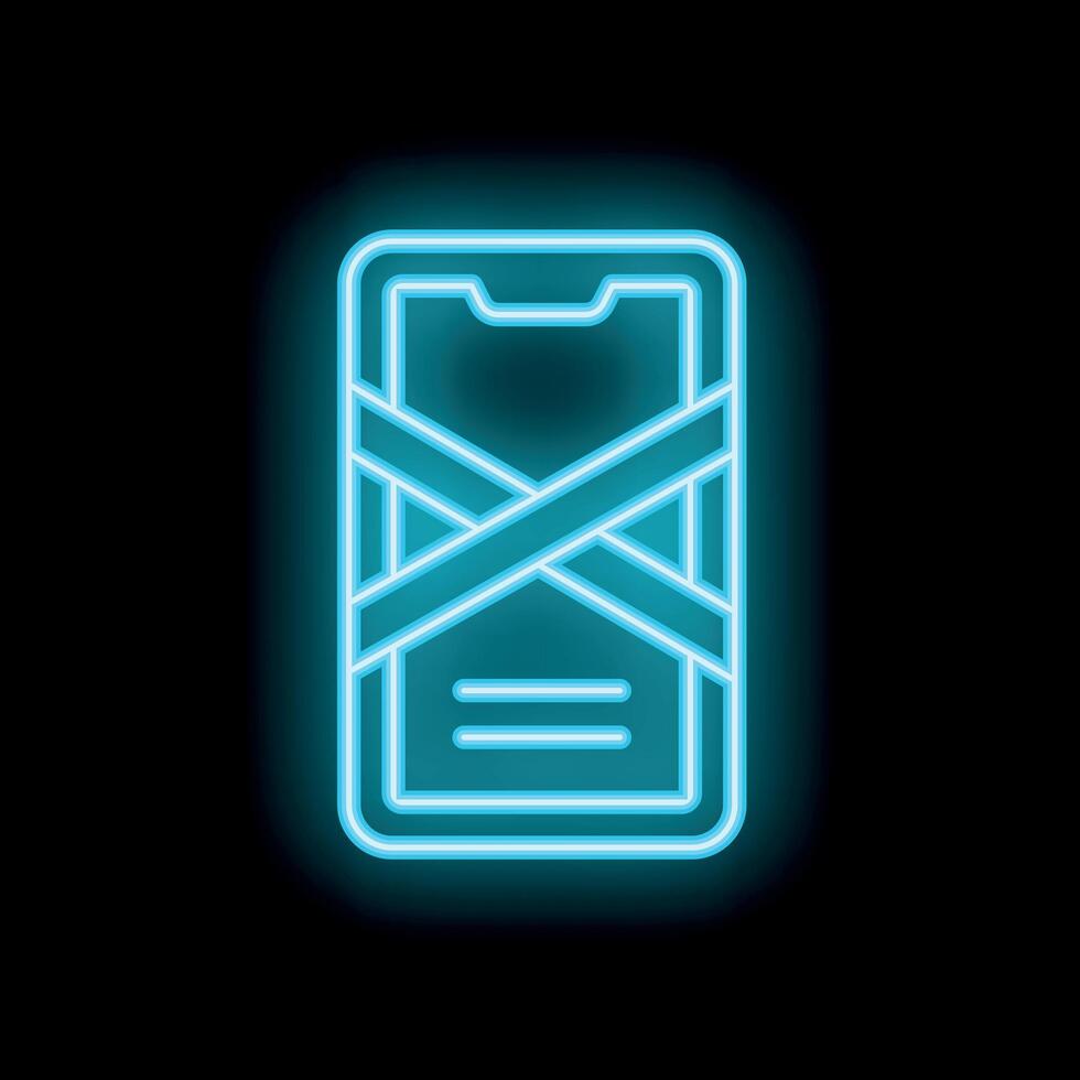 Blue neon smartphone with crossed tape not allowed sign on black background vector