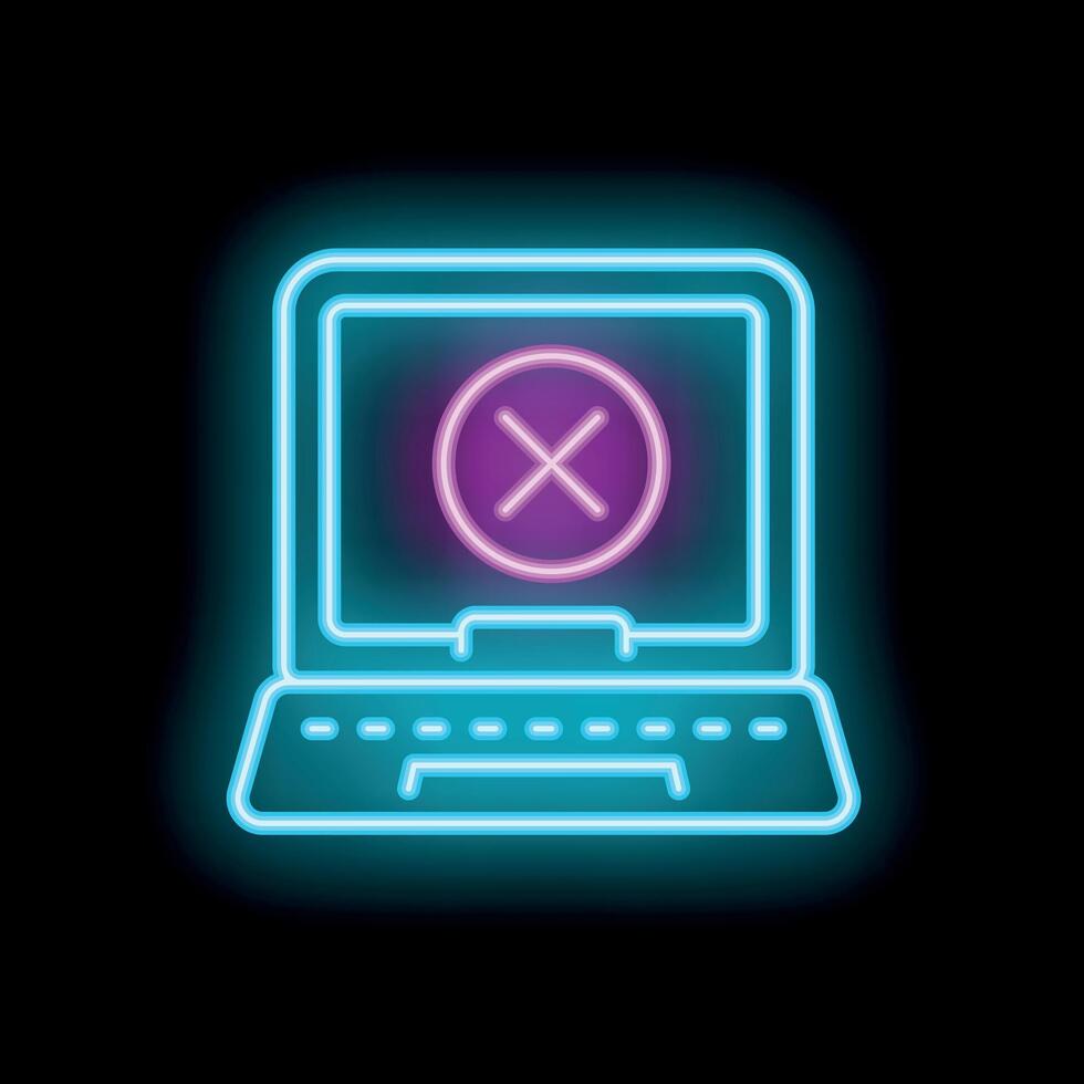 Neon computer icon displaying a cross mark symbol on screen vector