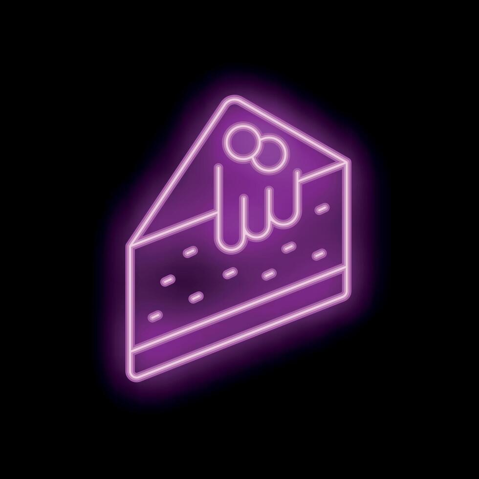 Purple neon slice of cake with icing and berries sign on black background vector