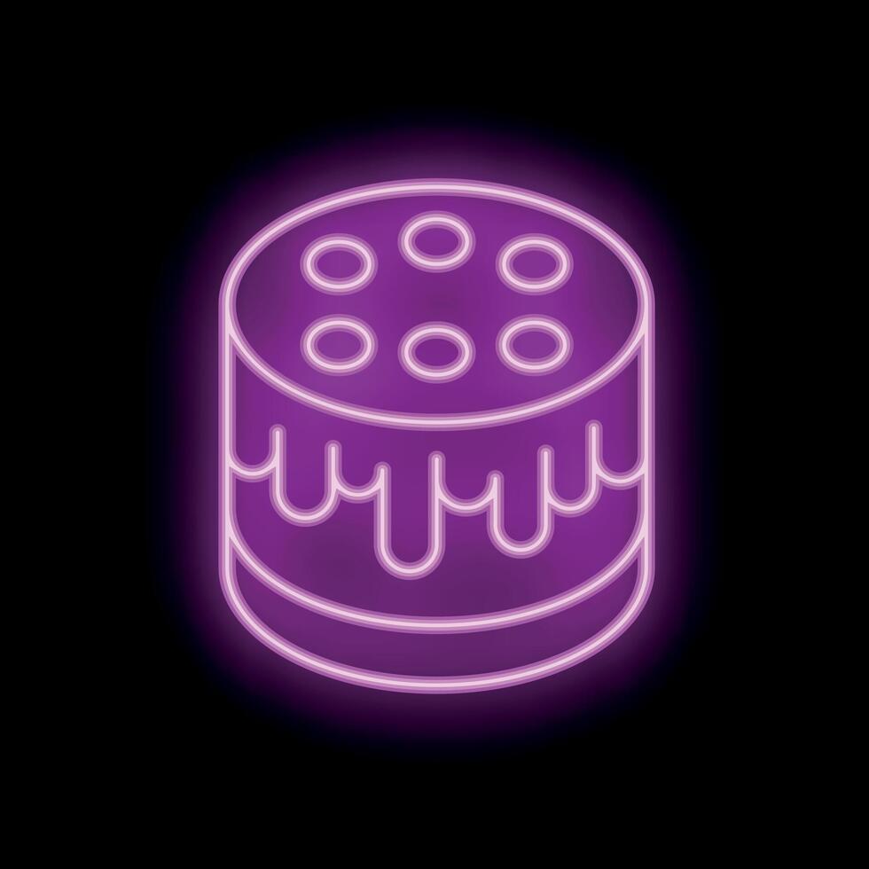 Neon sign of a chocolate cake with melted icing on black background vector