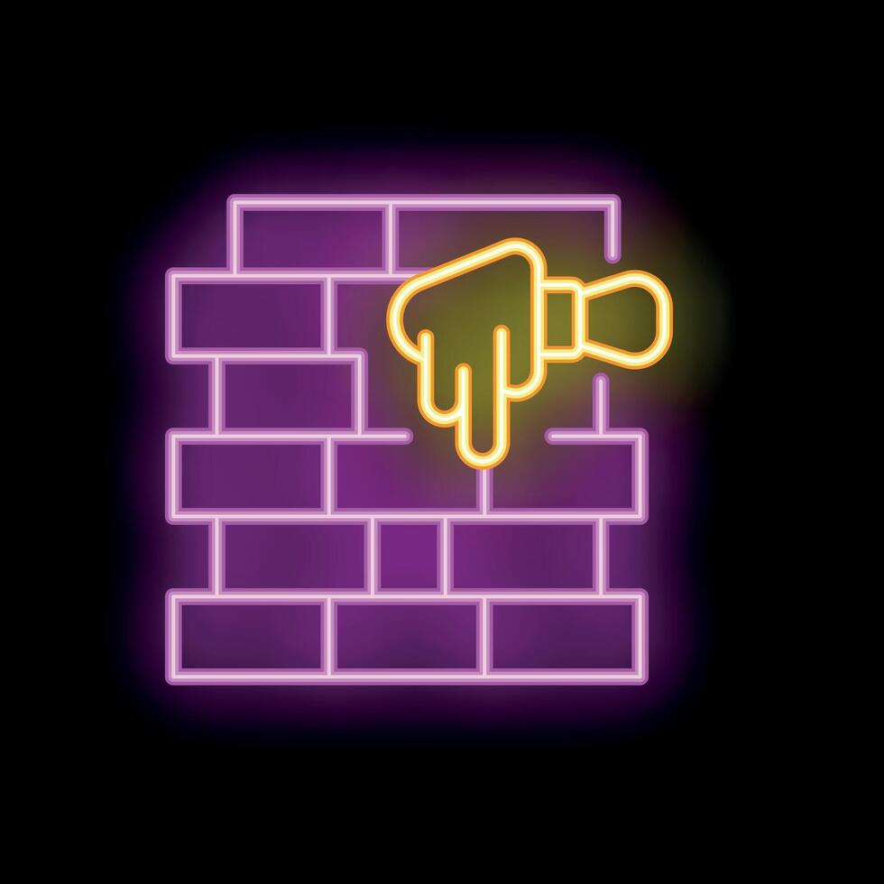 Construction worker building brick wall with trowel neon sign vector