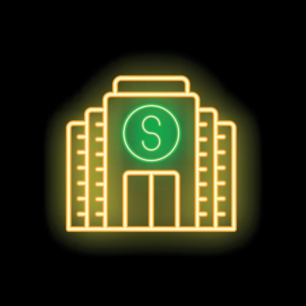 Glowing neon sign of bank building facade with dollar sign in circle on black background vector
