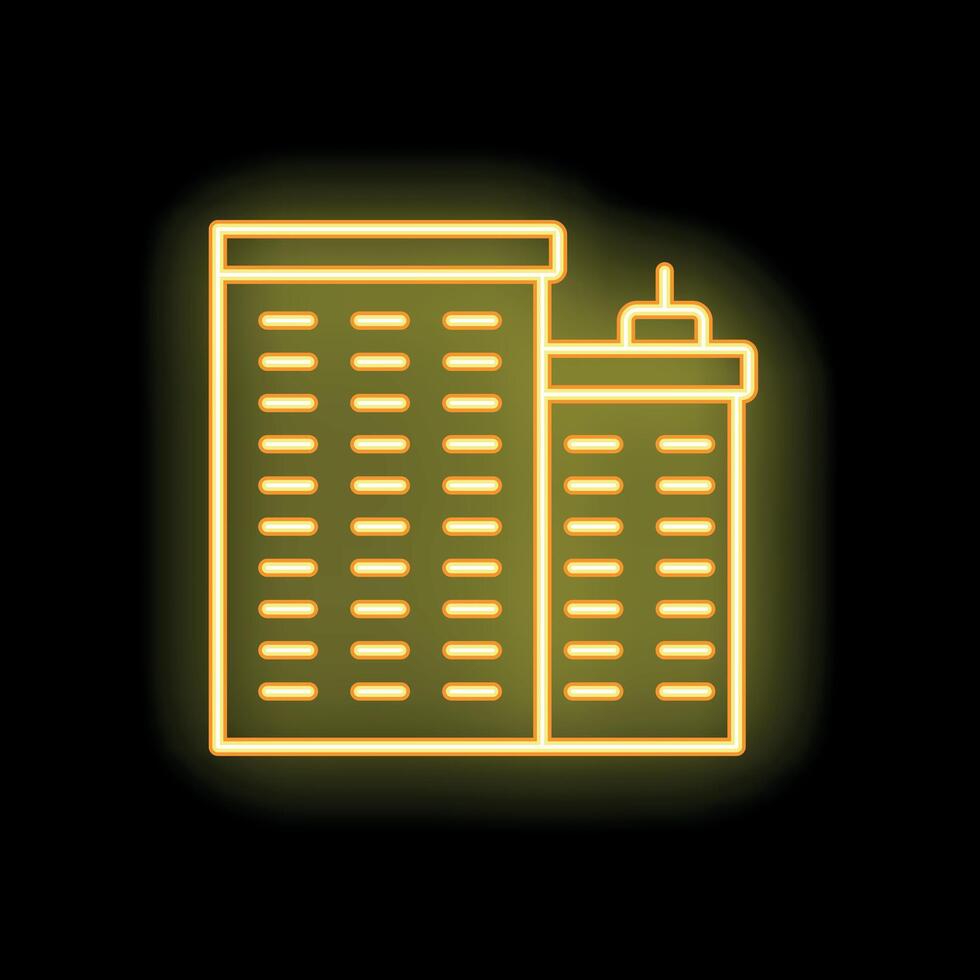 Glowing neon icon of two office buildings on black background vector