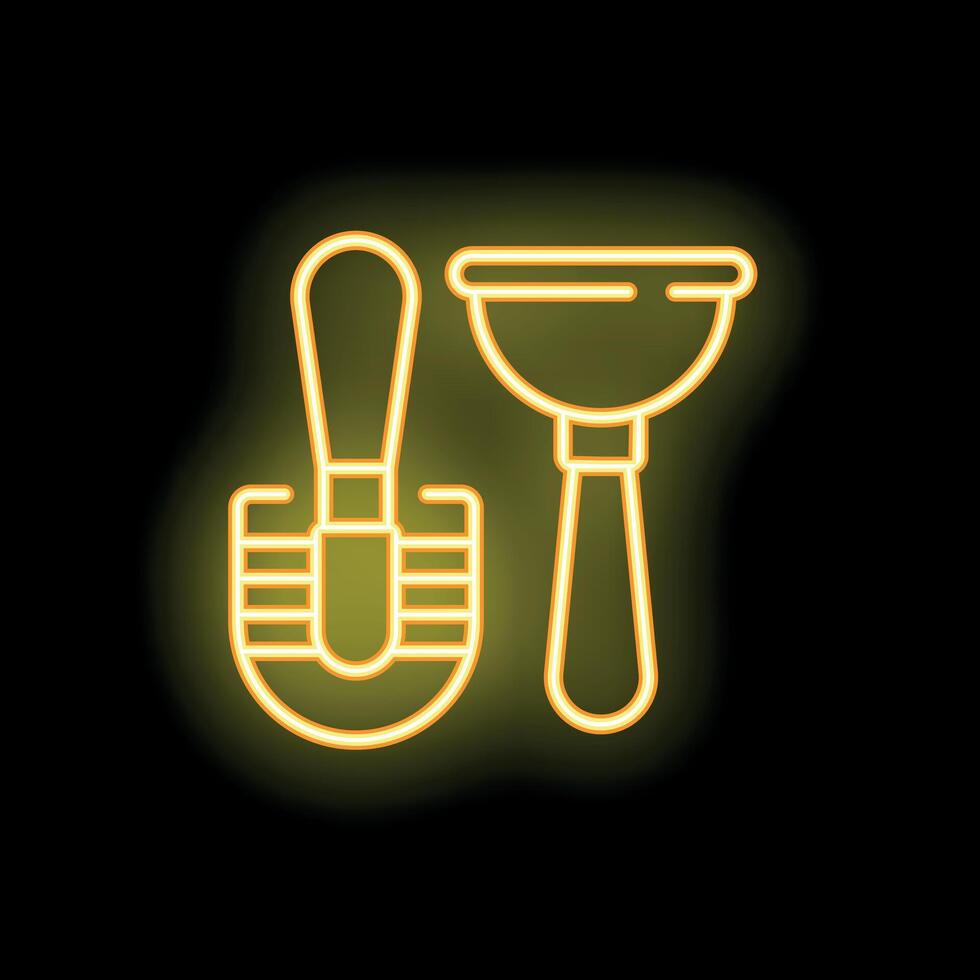 Neon toilet brush and plunger glowing on black background vector