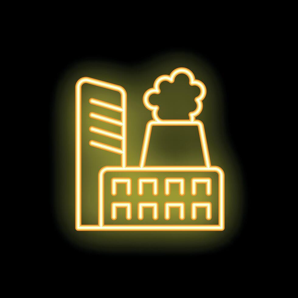 Glowing neon icon of industrial factory emitting pollution on black background vector