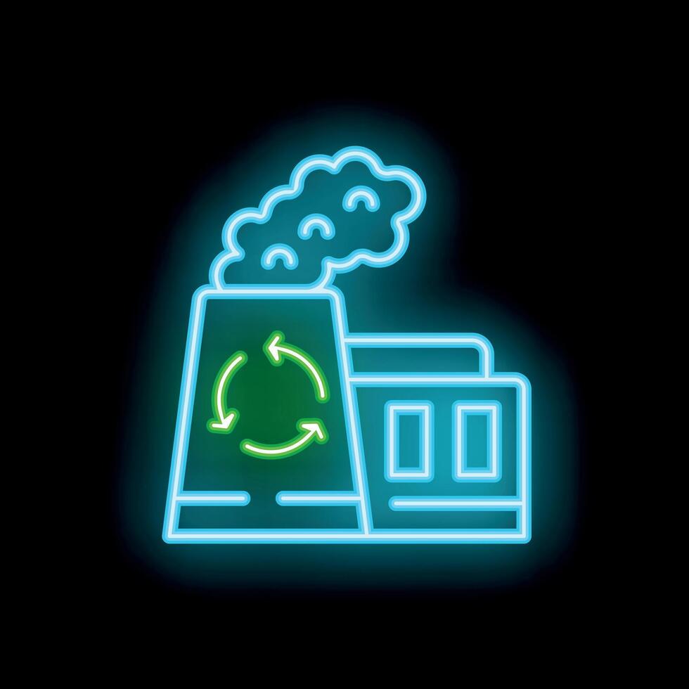 Glowing neon icon of factory emitting smoke with recycle symbol vector