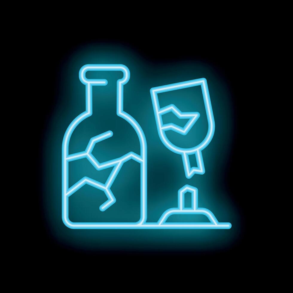 Neon sign showing broken bottle and wineglass on dark background vector