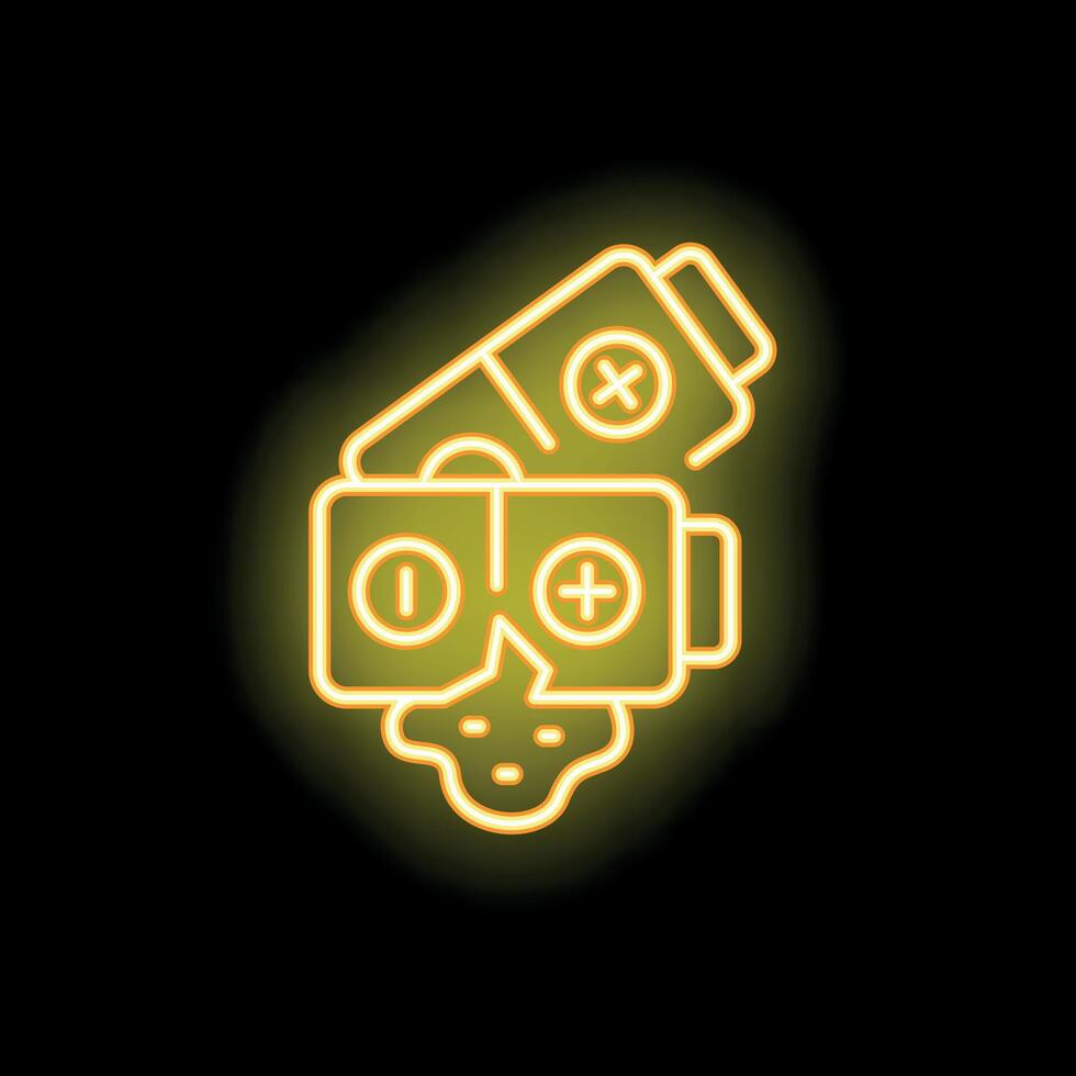 Neon icon of broken virtual reality headset and discharged battery illustrating vr hardware issues vector