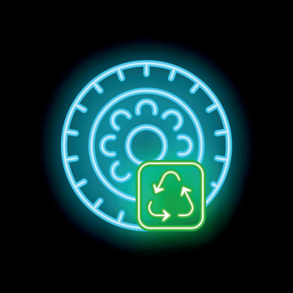 Neon sign showing recycling symbol with car wheel on black background vector