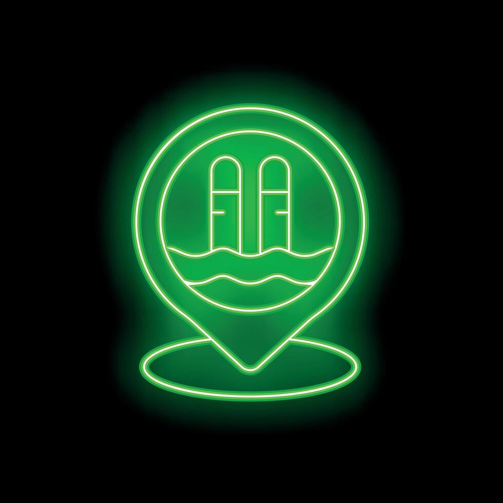Glowing neon green swimming pool location pin icon vector