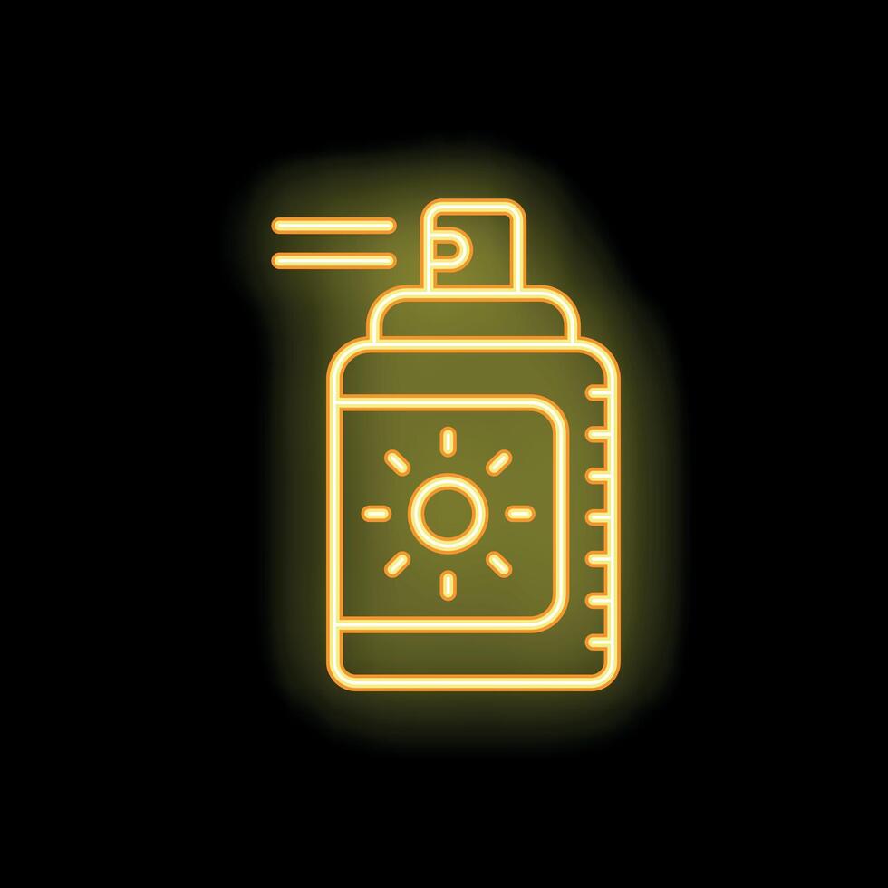 Neon icon of sunscreen spray bottle emitting a stream of protection vector
