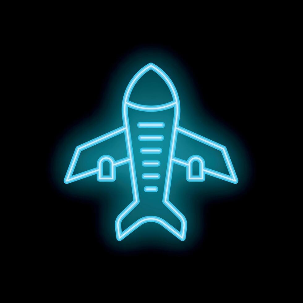 Blue neon icon of airplane taking off on black background vector