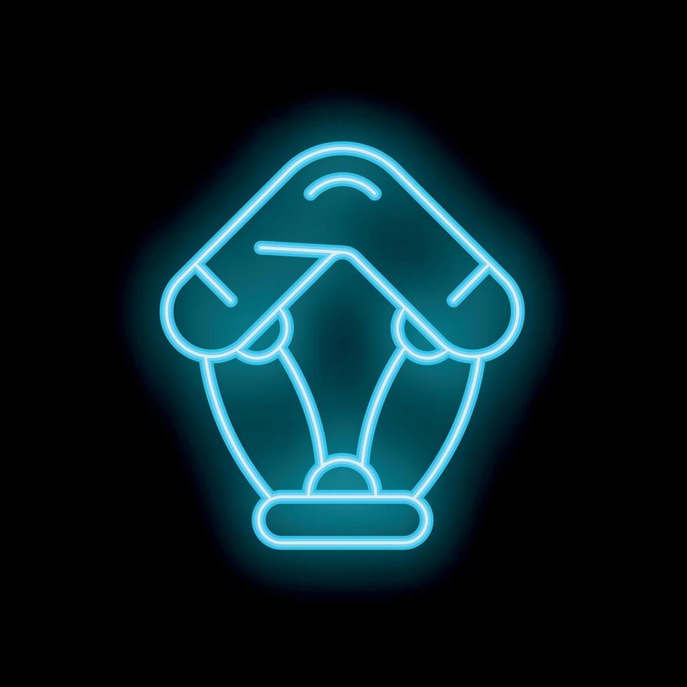 Blue neon boomerang spinning on black background with copy space vector