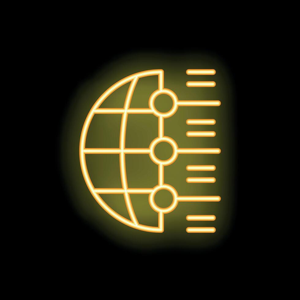 Neon sign featuring globe sending data through network hubs vector
