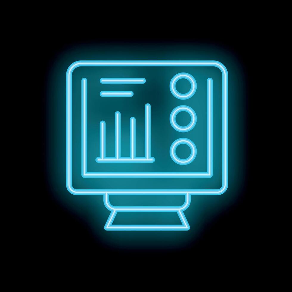 Neon computer icon displaying analytics dashboard with charts and data points vector