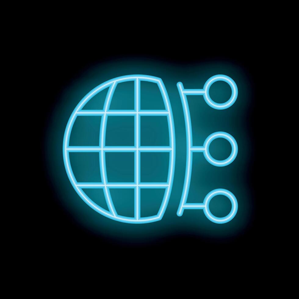 Neon icon of a globe connecting to three circles on black background vector