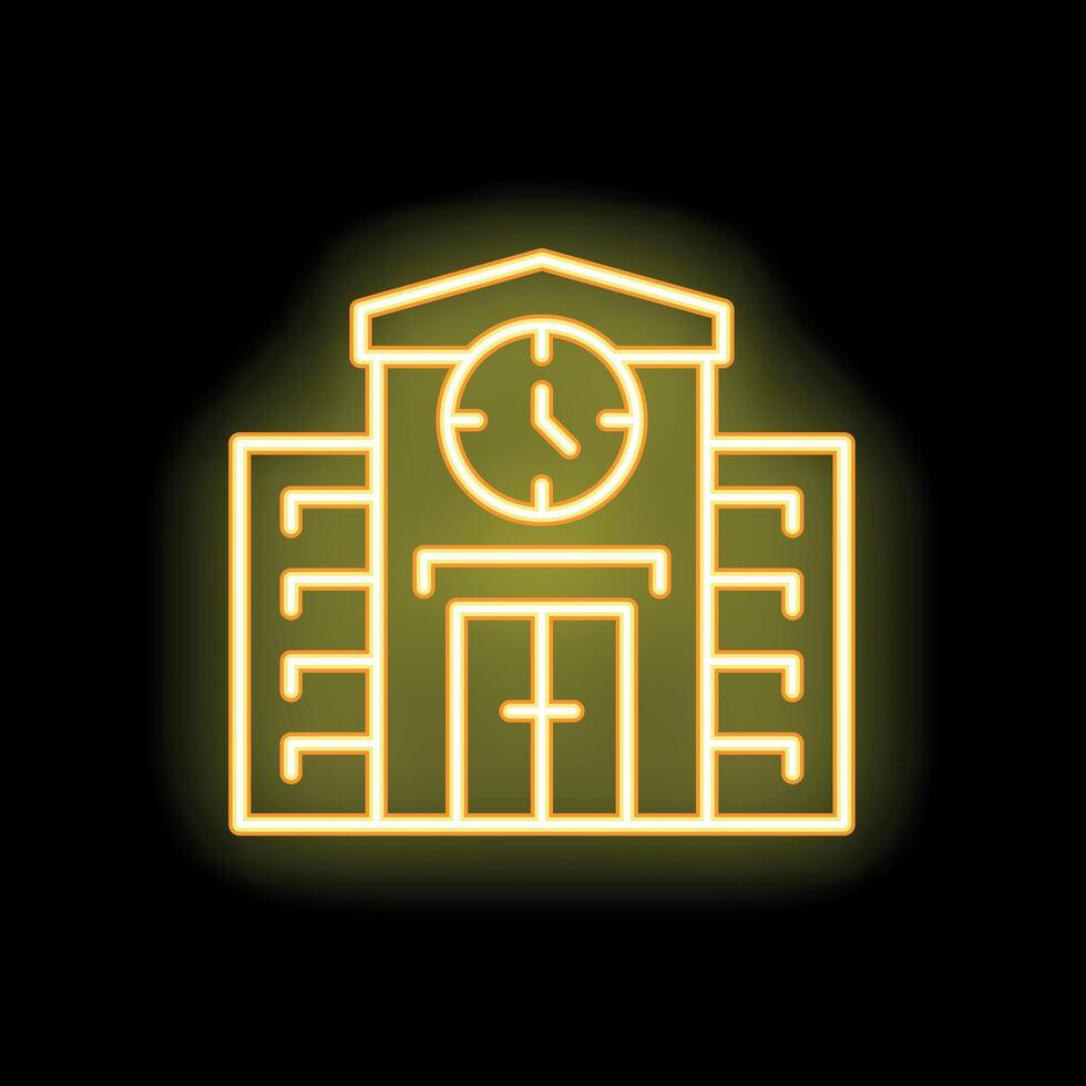 Neon school building clock tower facade icon vector