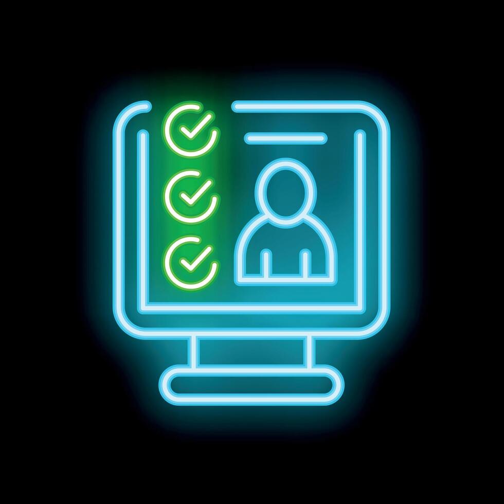 Neon computer icon showing customer completing online survey vector