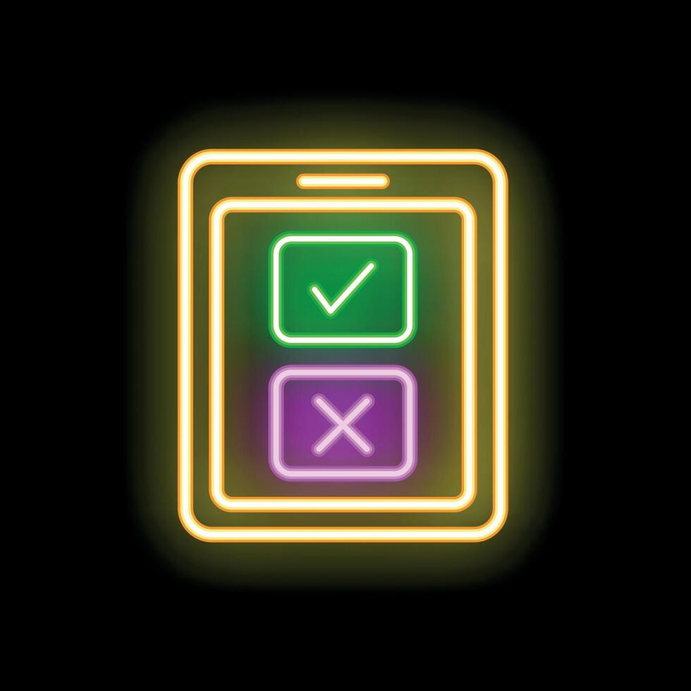 Neon smartphone showing checkmark and cross sign on black background vector