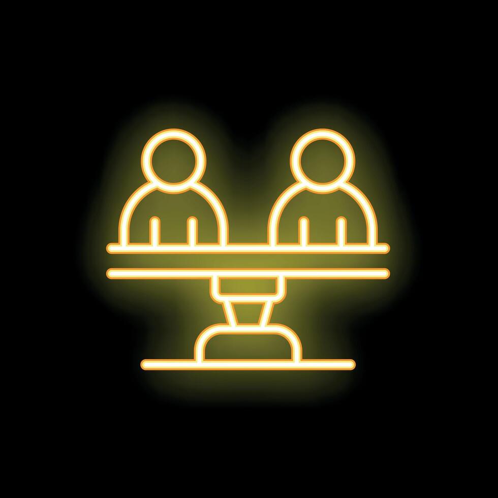 Neon icon of business people sitting on scales representing business deal negotiation vector