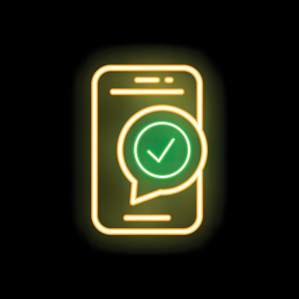 Neon icon of smartphone showing check mark in speech bubble vector
