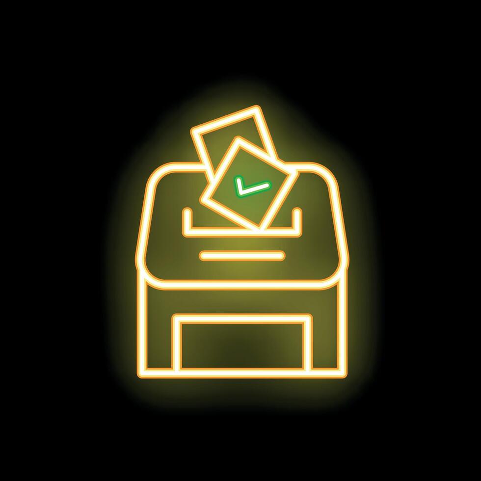 Neon sign of ballot entering a ballot box with check mark for voting vector