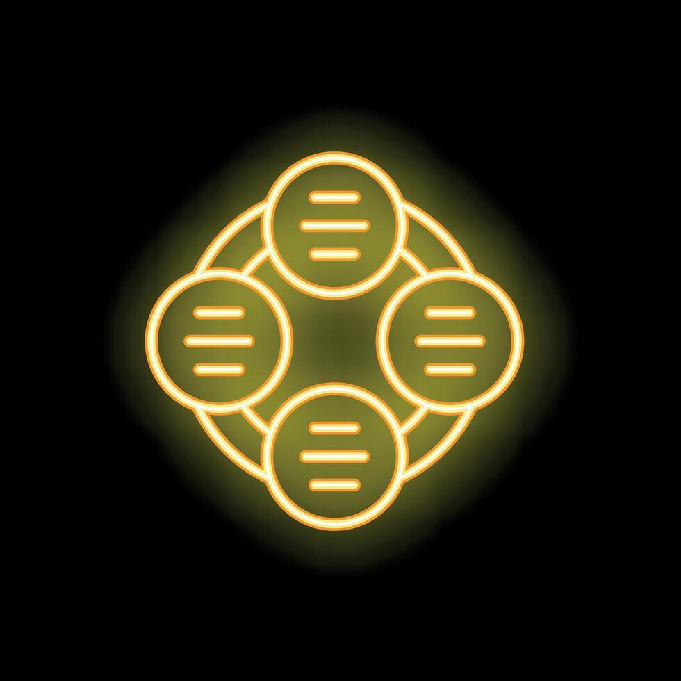Neon yellow circle connecting four circles with three lines representing teamwork vector