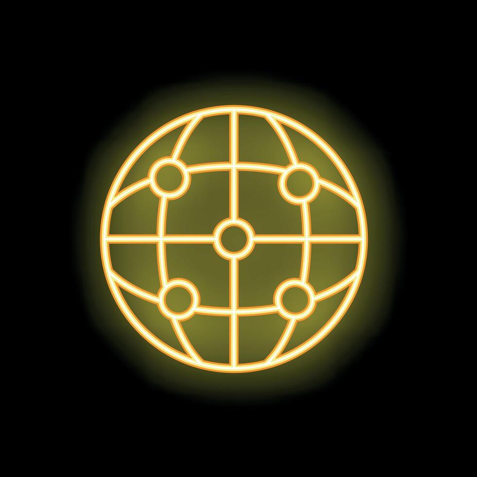 Neon yellow glowing global network icon on black background vector