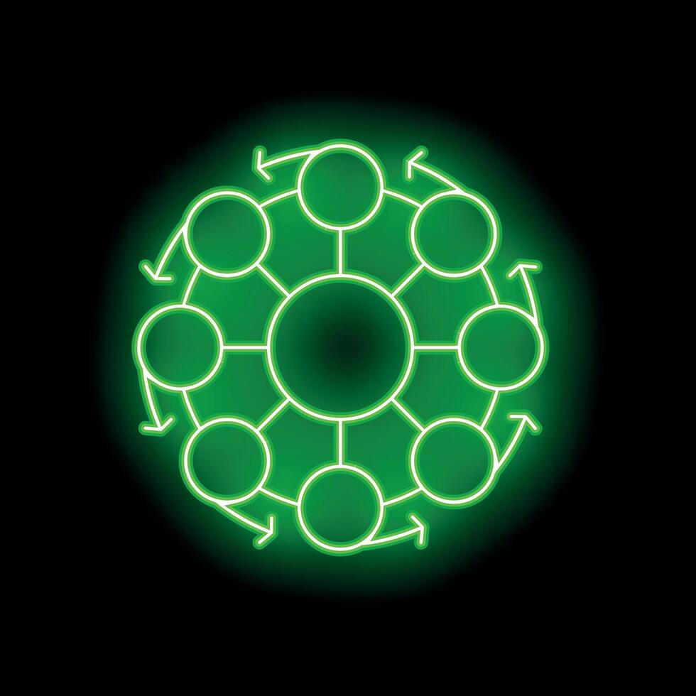 Neon green circular hub and spoke network diagram vector