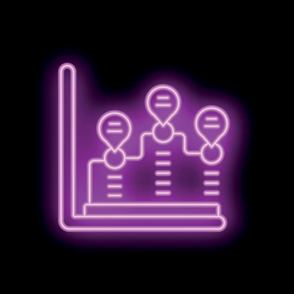 Neon icon of a graph chart showing growth with location pins vector