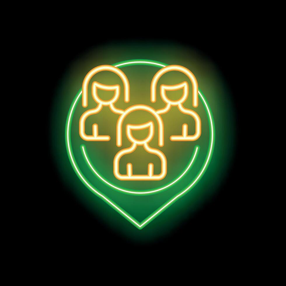 Neon icon of three female professionals networking inside a map pin vector
