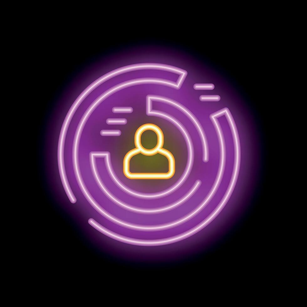 Neon icon of person inside a circle with lines representing data analysis vector