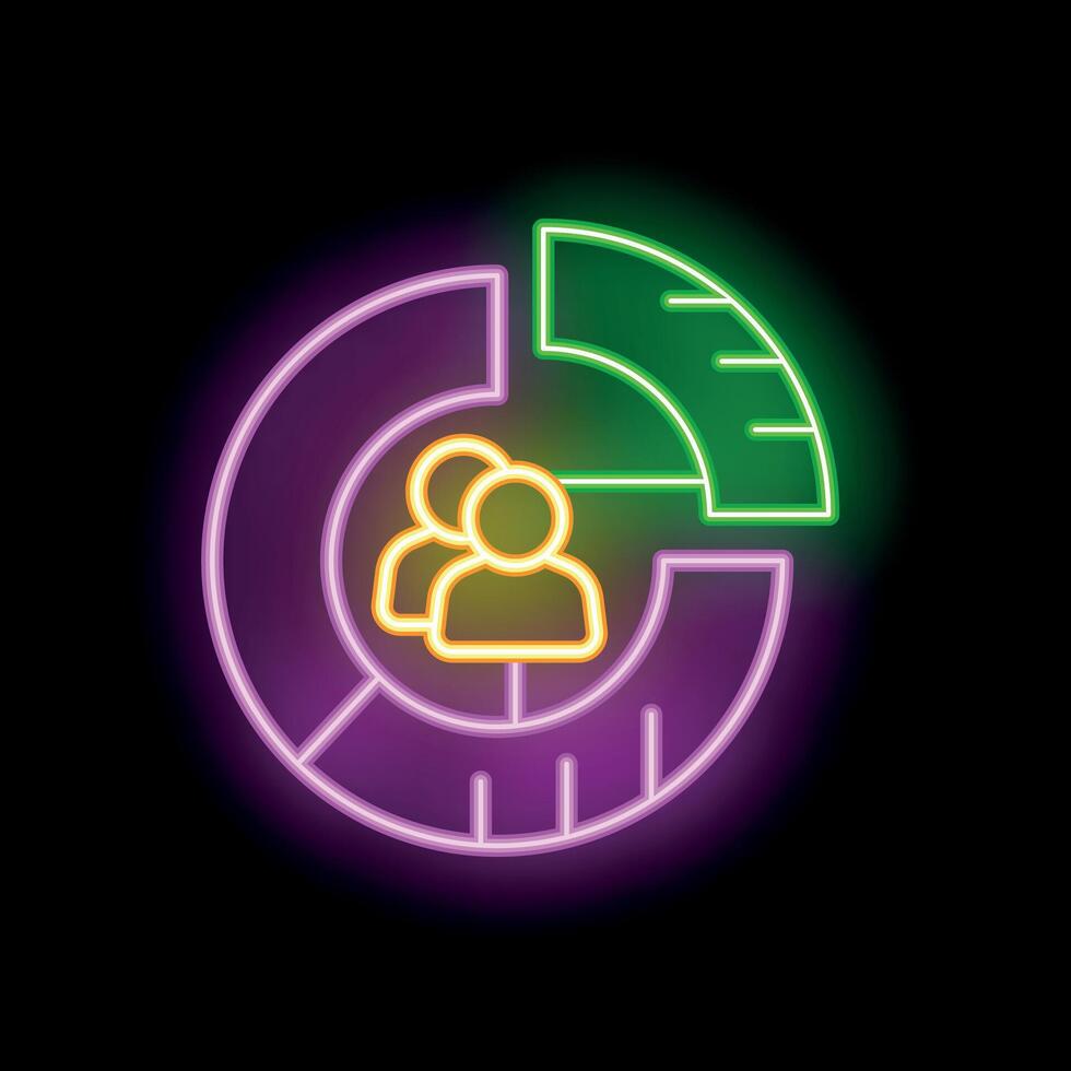 Neon icon representing market research showing consumers in pie chart vector