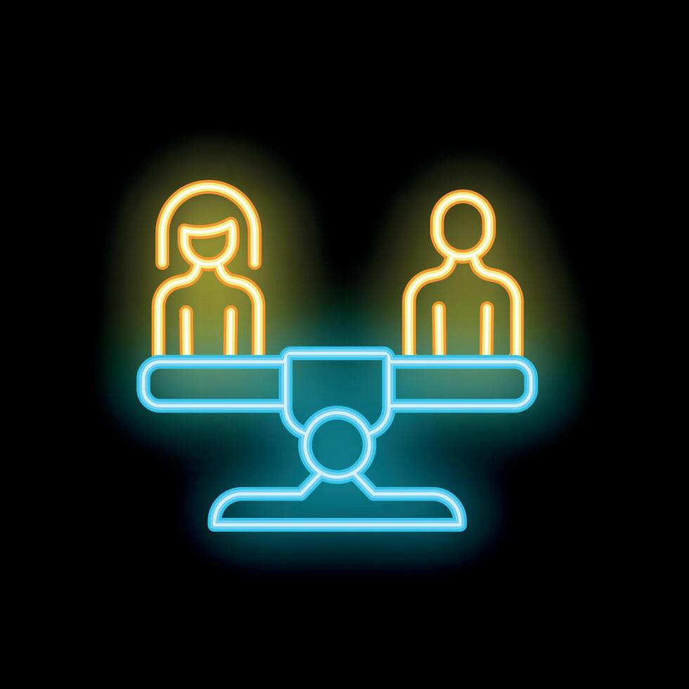 Neon icon of man and woman balancing on seesaw representing gender equality vector