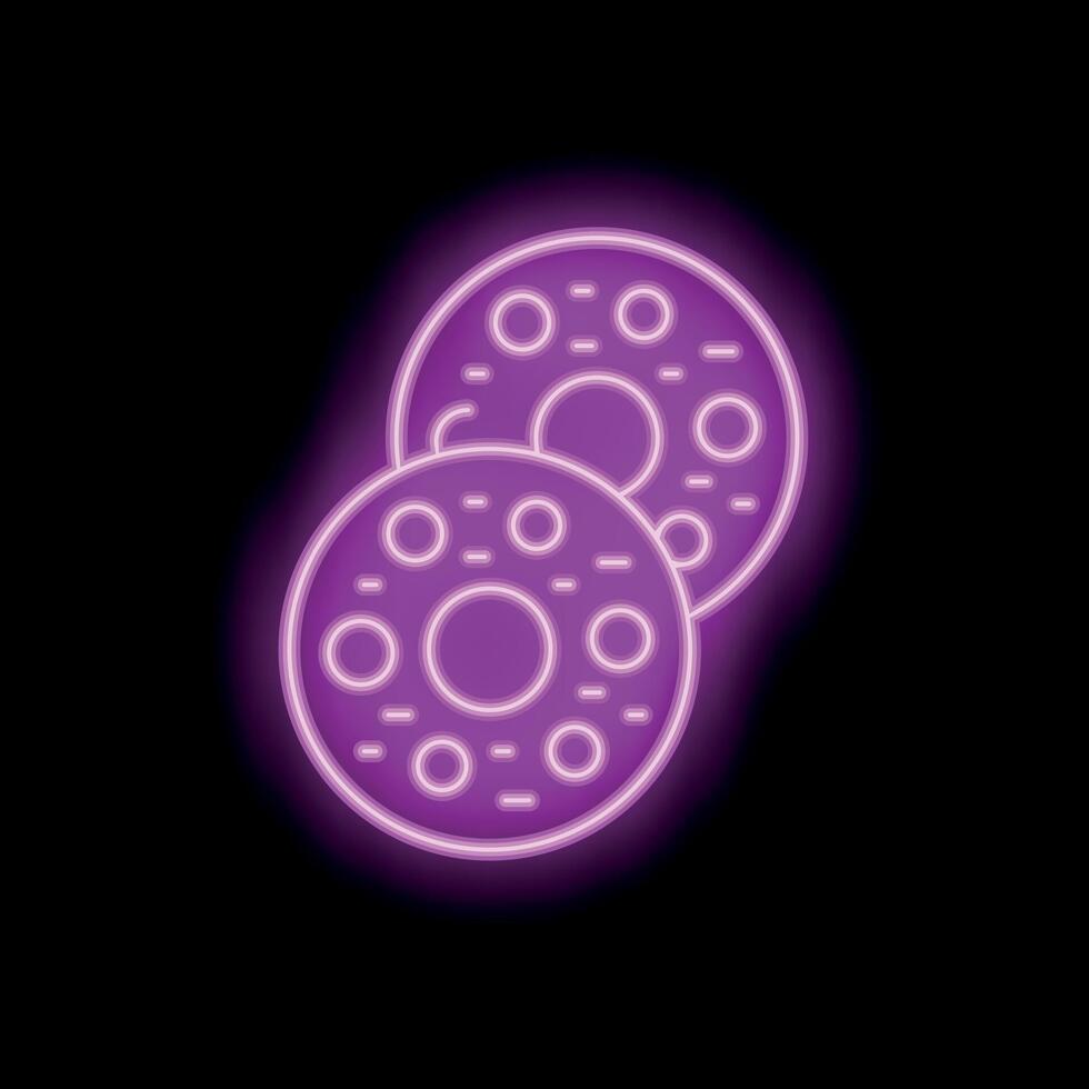 Bright pink neon sign showing two chocolate chip cookies on black background vector